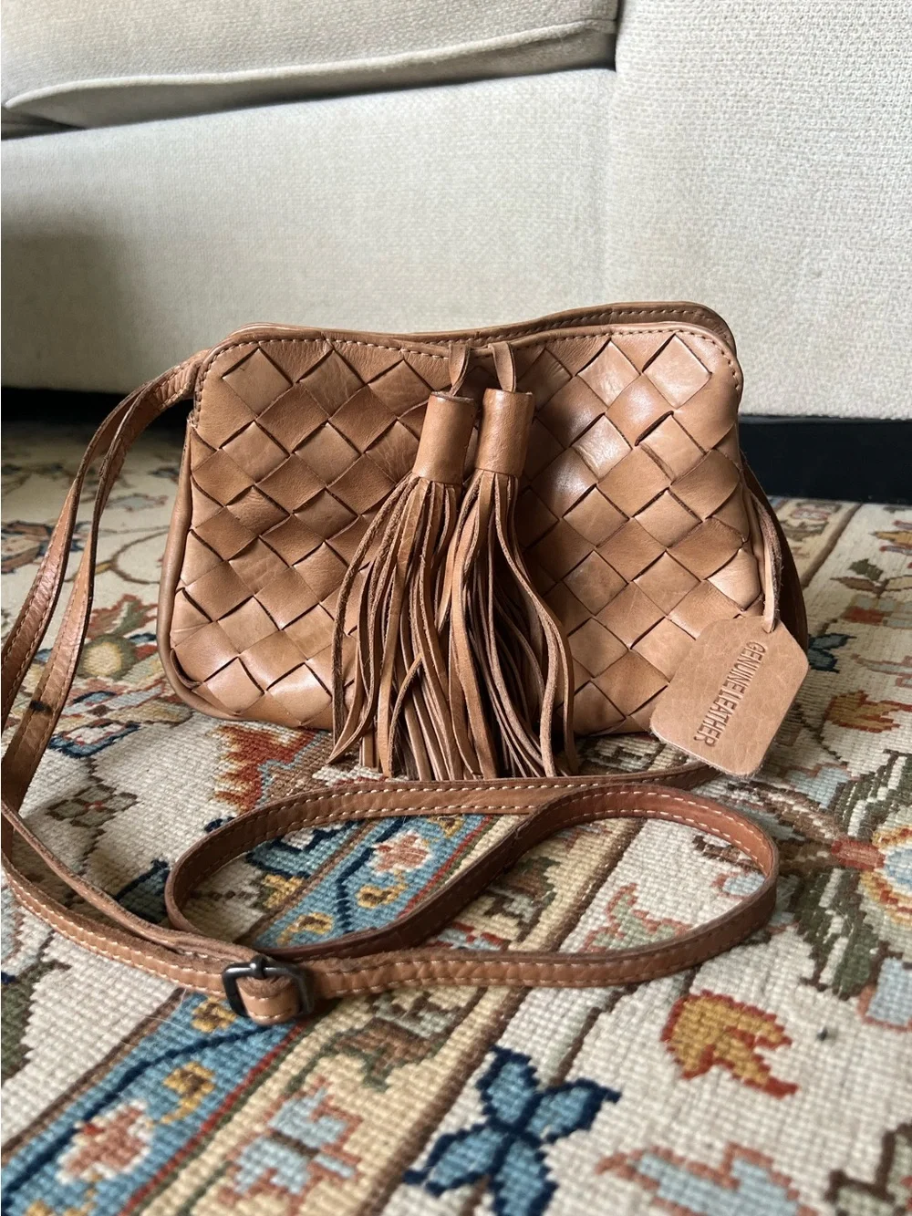 Vintage Woven Leather Crossbody Bag with Tassel - Tan - Picture 1 of 5